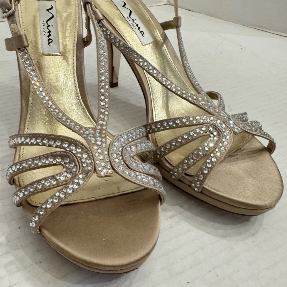 Nina Gold Rhinestone Strappy Heels Sz 7.5 Party Shoes Wedding Formal Cocktail